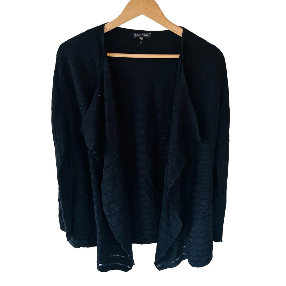 Eileen Fisher size S black soft merino wool dye cut waterfall high low cardigan